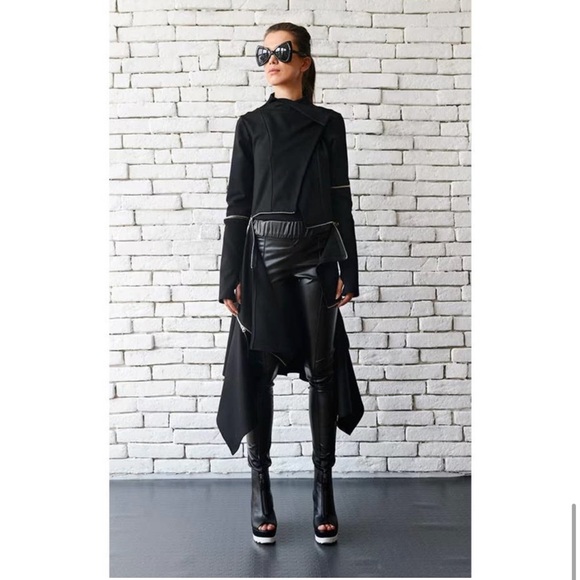METAMORPHOZA Coat Womens Small Black Asymmetrical Zipper Jacket Thumbholes NWT - Picture 5 of 9
